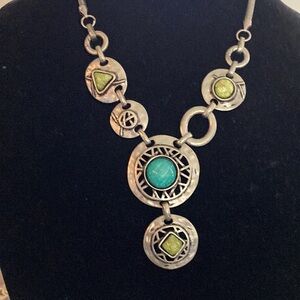 Lime green and turquoise inlay in unique silver tone necklace